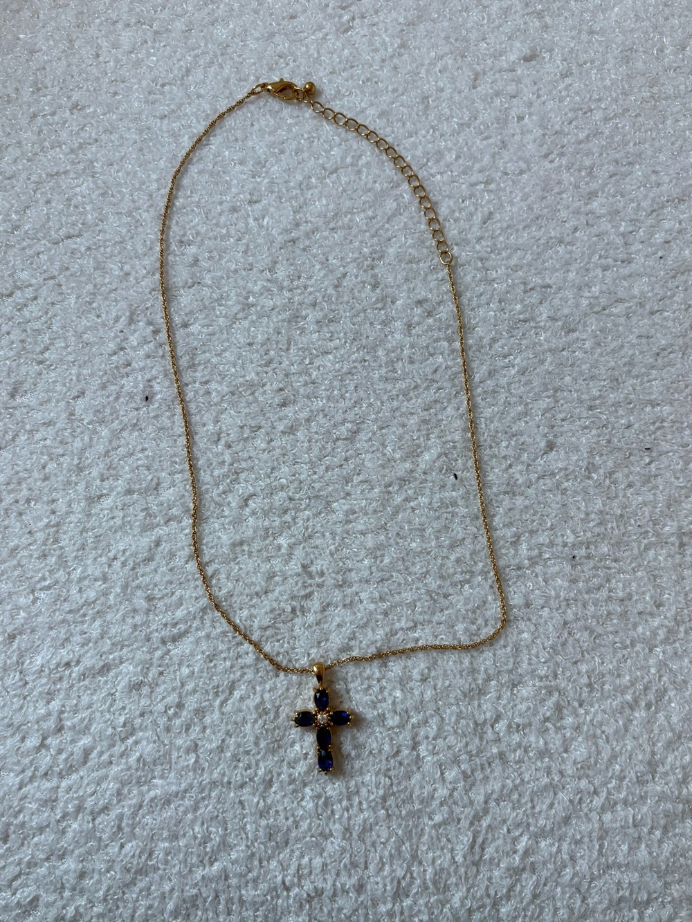 Gold-tone Cross Necklace with Blue Stones